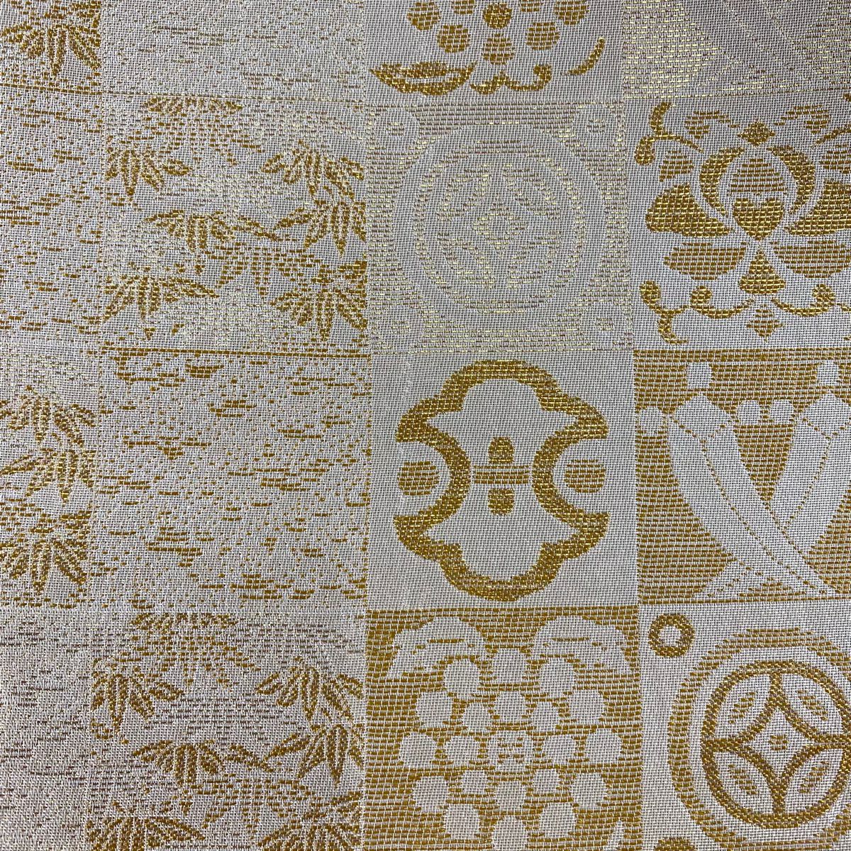 【美品】 袋帶 秀品級 寶盡くし 笹 金絲 金金箔 淺茶 六通 純蠶絲