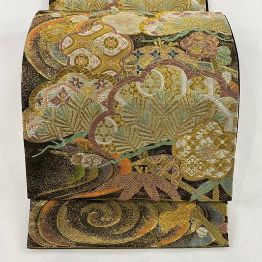 袋帶 秀品級 古代錦 吉祥流水 松樹竹子梅花 流水 金絲 金金箔 金 六通 純蠶絲