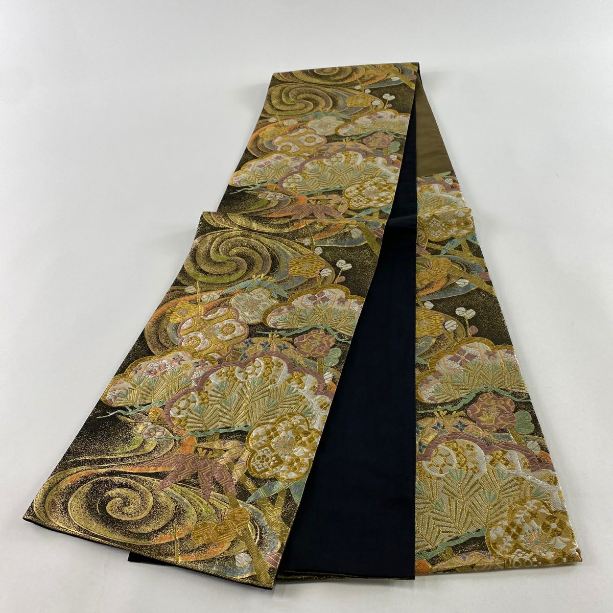 袋帶 秀品級 古代錦 吉祥流水 松樹竹子梅花 流水 金絲 金金箔 金 六通 純蠶絲