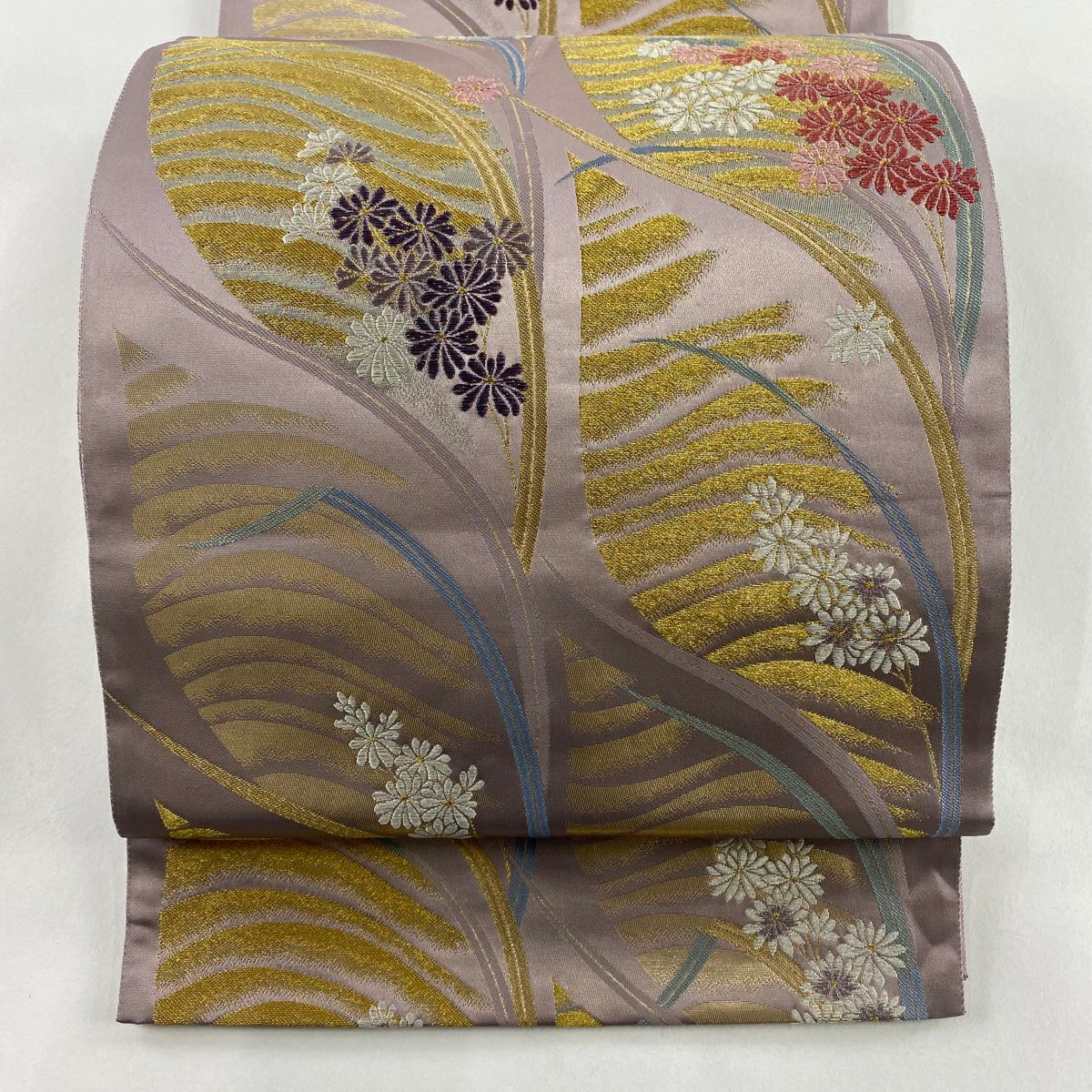 【美品】 袋帶 秀品級 菊花 金糸 金金箔 淺紫 六通 純蠶絲