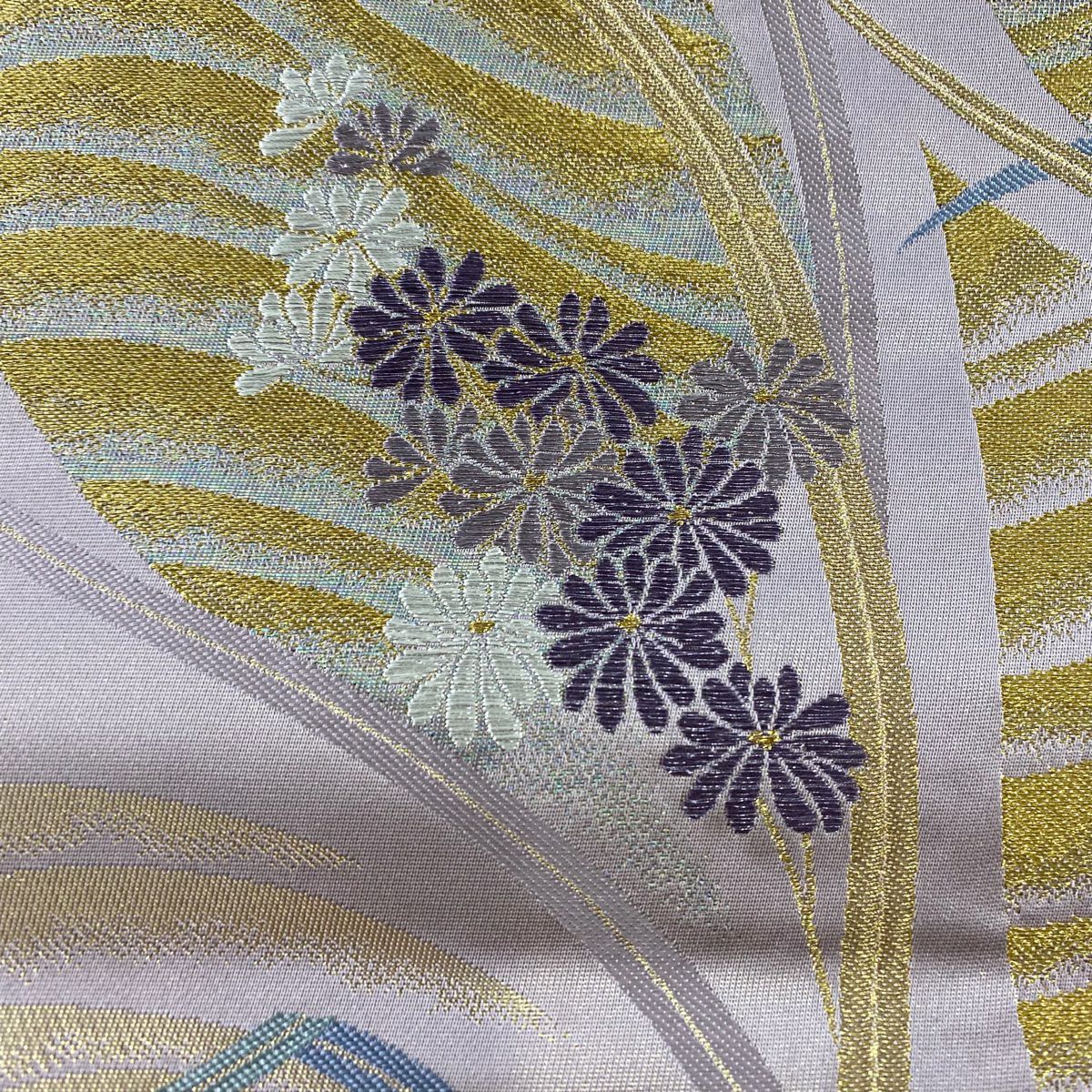 【美品】 袋帶 秀品級 菊花 金糸 金金箔 淺紫 六通 純蠶絲