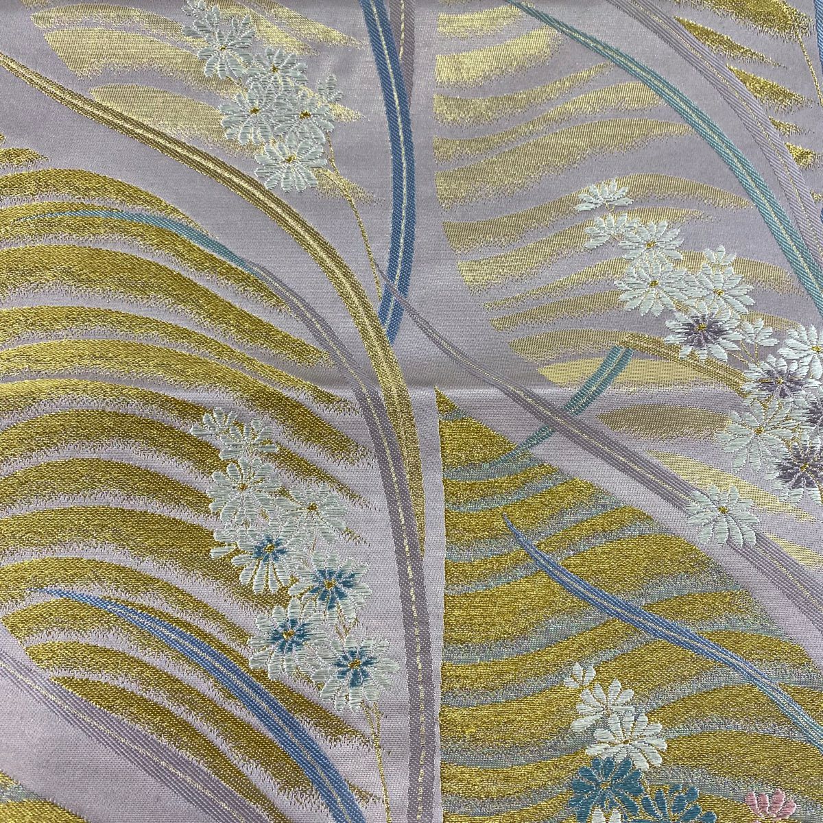 【美品】 袋帶 秀品級 菊花 金糸 金金箔 淺紫 六通 純蠶絲