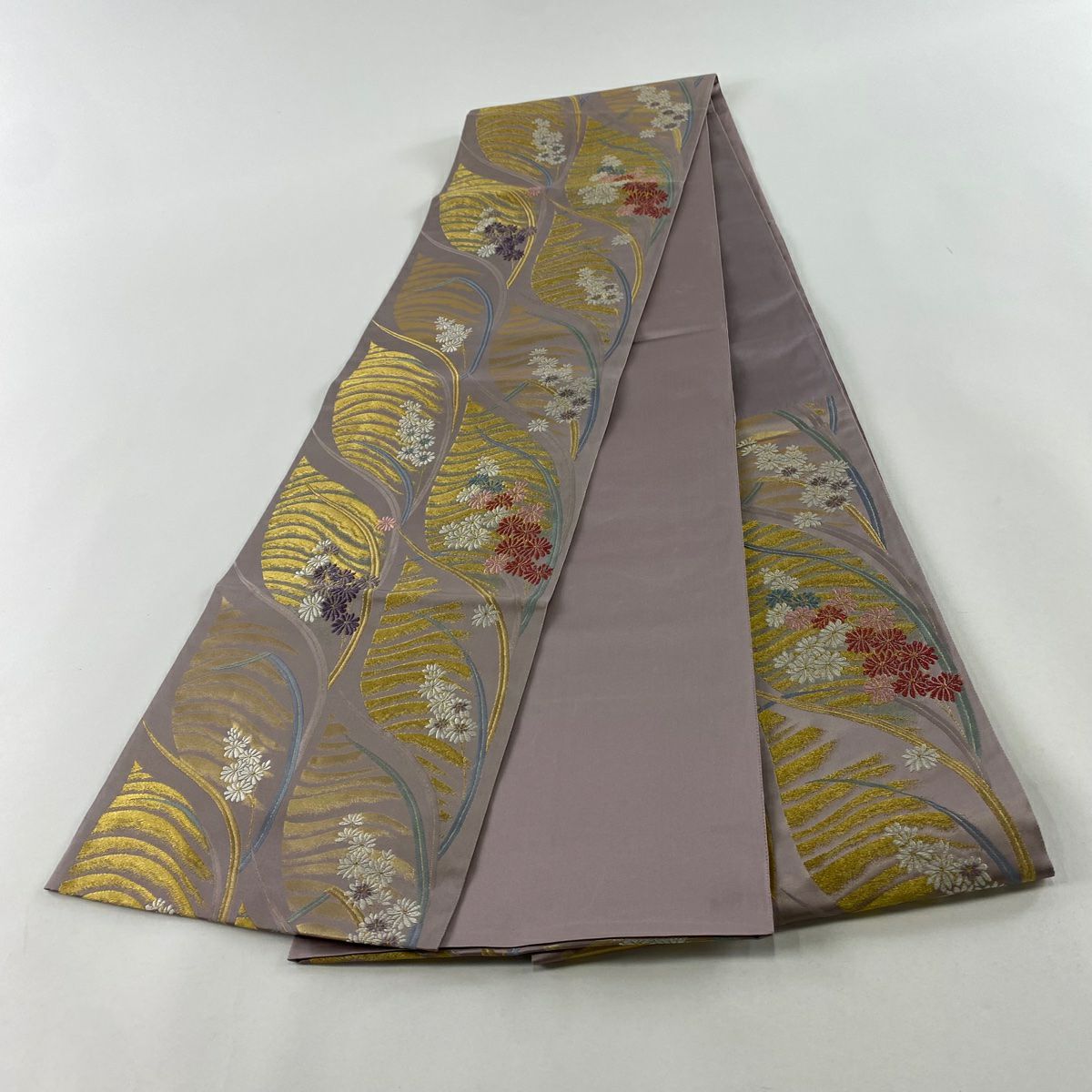 【美品】 袋帶 秀品級 菊花 金糸 金金箔 淺紫 六通 純蠶絲