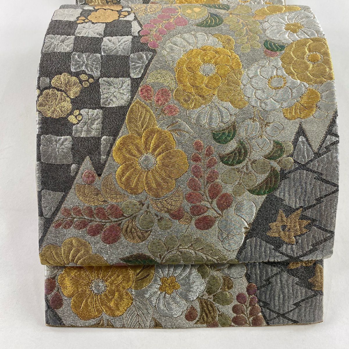 【美品】 袋帶 秀品級 辻花染圖案 市松樹 金銀線 金金箔 銀 六通 純蠶絲