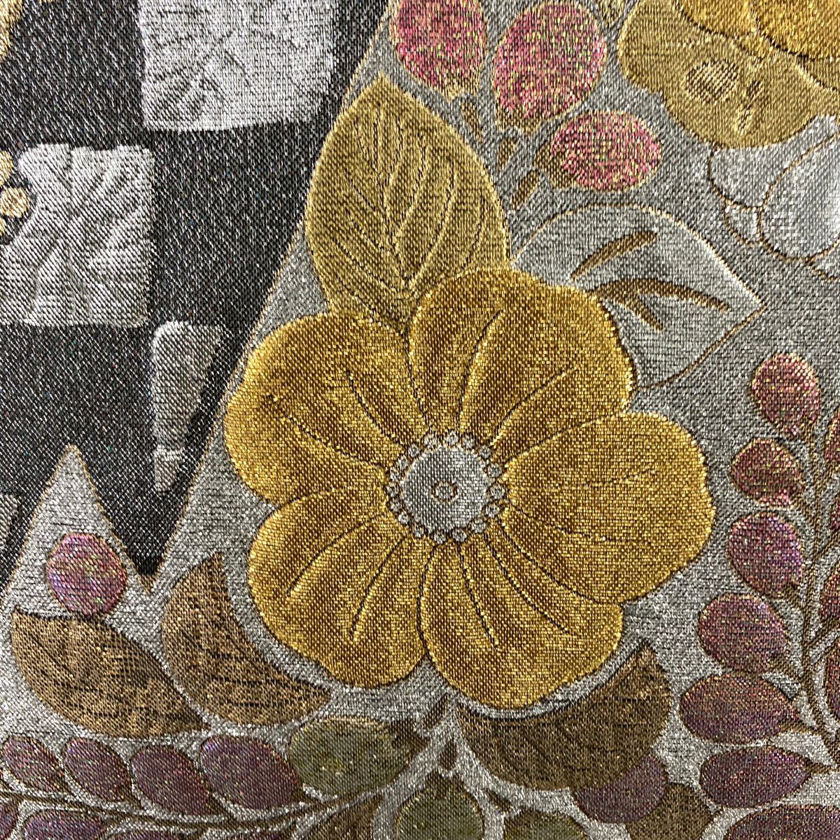 【美品】 袋帶 秀品級 辻花染圖案 市松樹 金銀線 金金箔 銀 六通 純蠶絲
