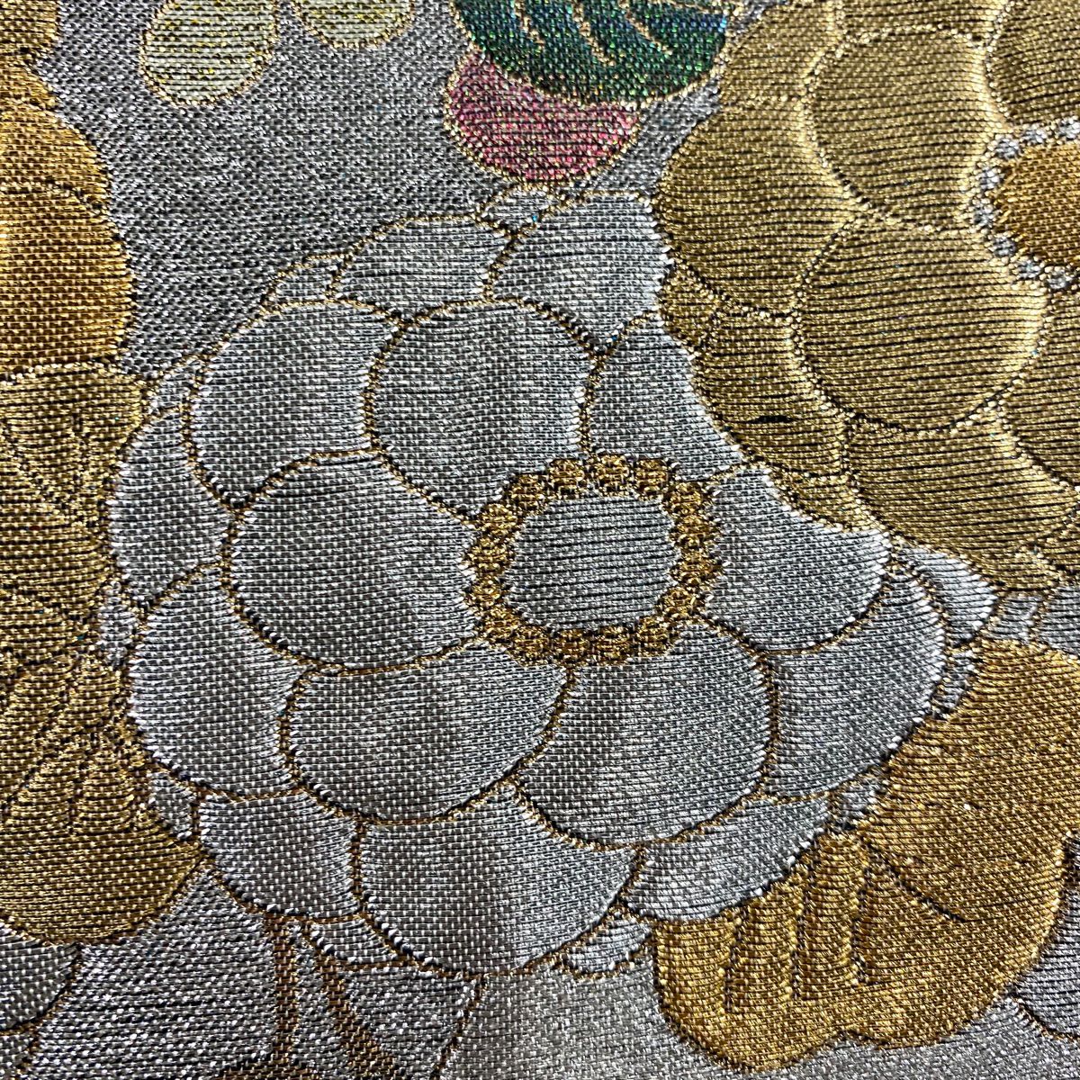 【美品】 袋帶 秀品級 辻花染圖案 市松樹 金銀線 金金箔 銀 六通 純蠶絲