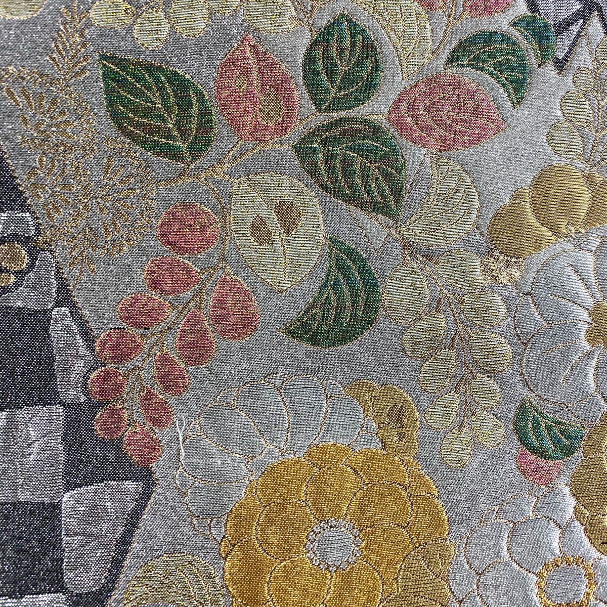 【美品】 袋帶 秀品級 辻花染圖案 市松樹 金銀線 金金箔 銀 六通 純蠶絲