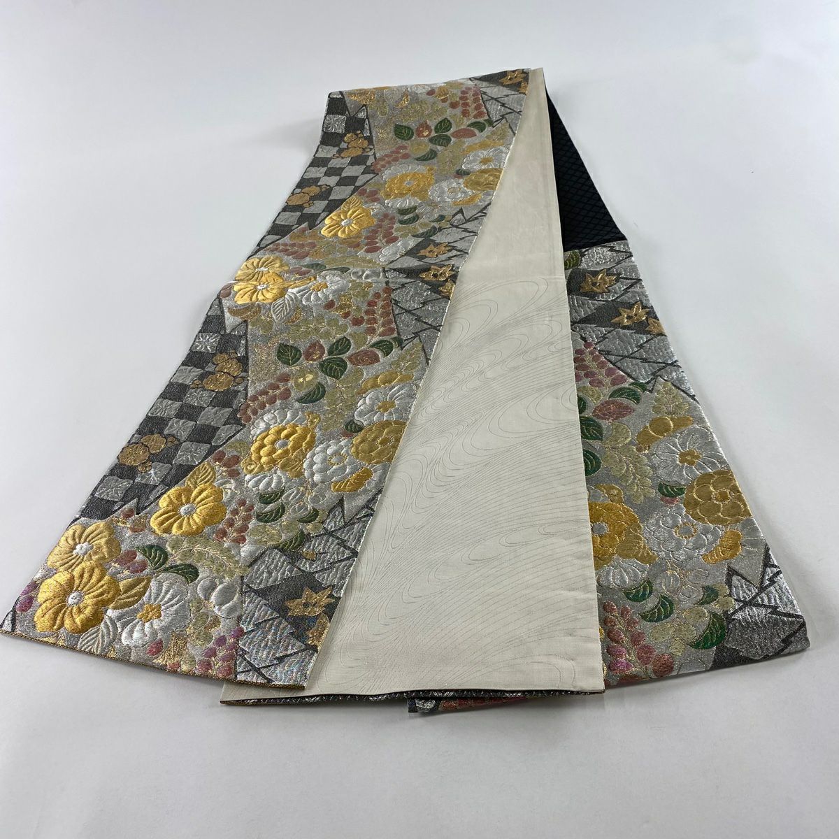 【美品】 袋帶 秀品級 辻花染圖案 市松樹 金銀線 金金箔 銀 六通 純蠶絲