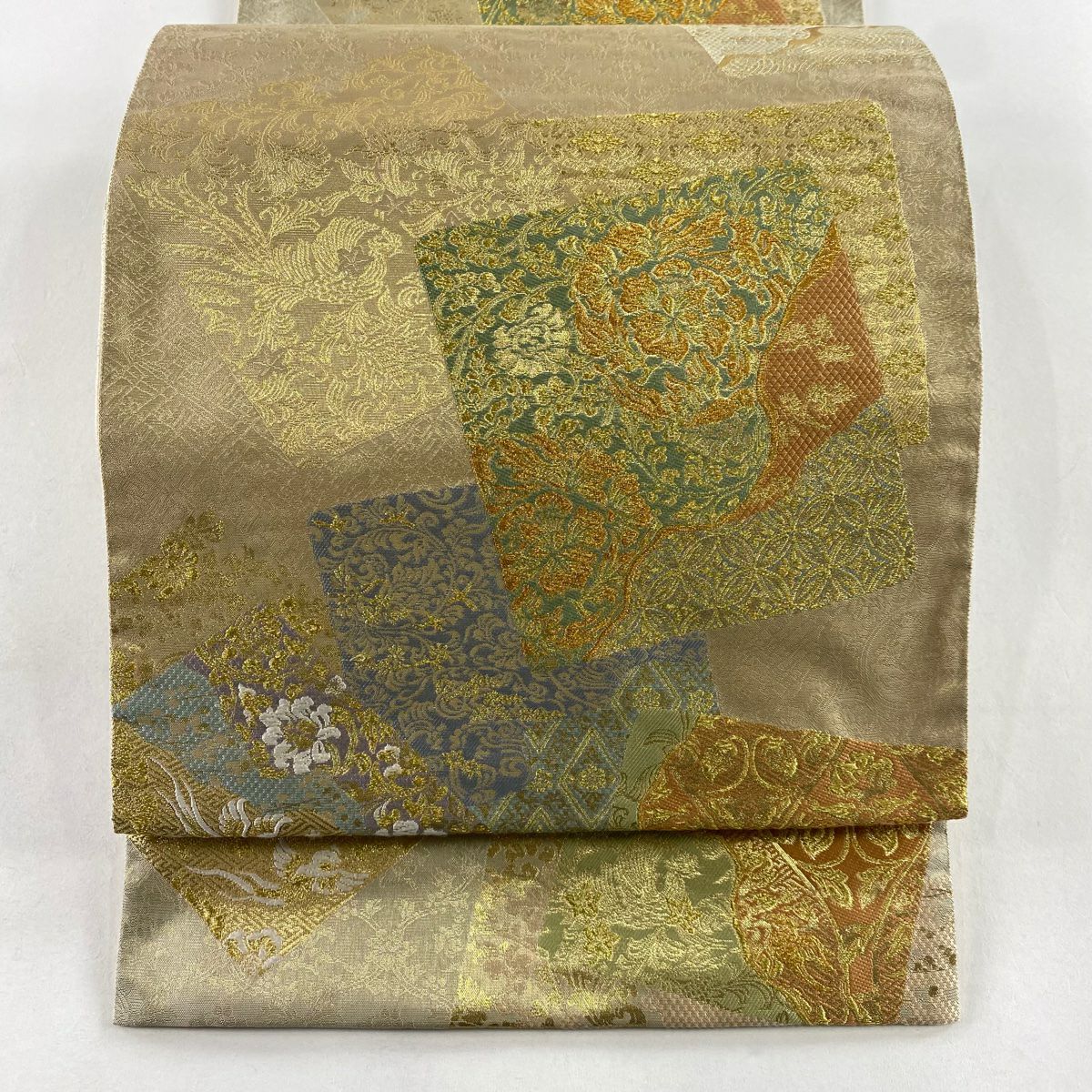 【美品】 袋帶 秀品級 色紙 草花紋 金糸 金金箔 米色 六通 純蠶絲
