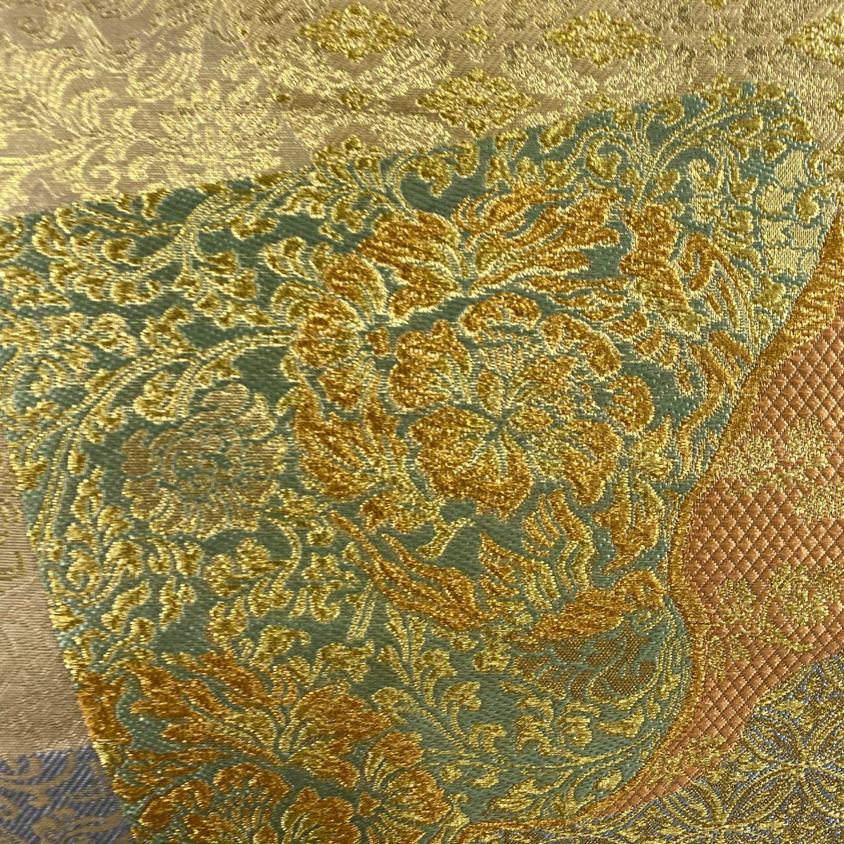 【美品】 袋帶 秀品級 色紙 草花紋 金糸 金金箔 米色 六通 純蠶絲
