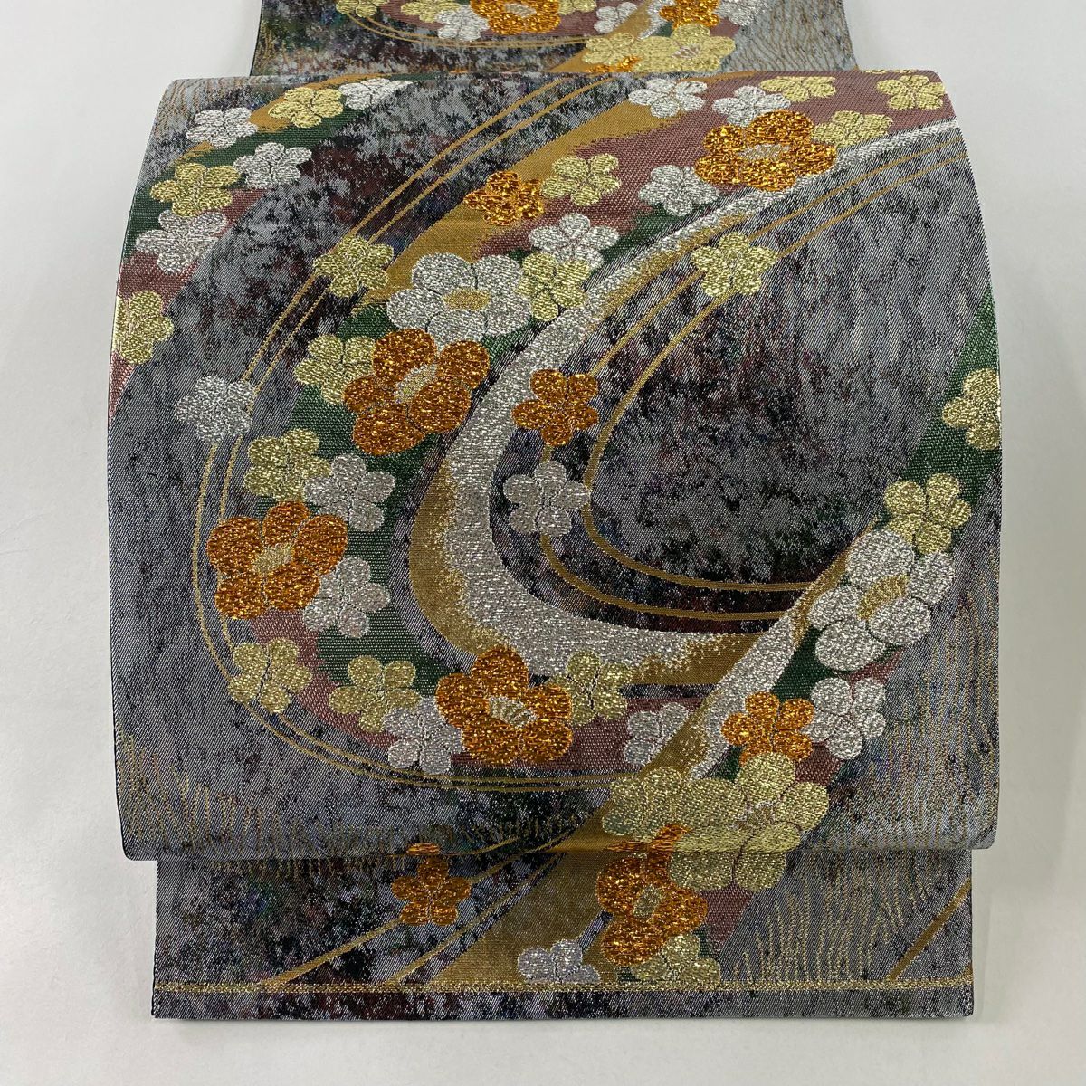 【美品】 袋帶 秀品級 花 流線 金銀絲 金金箔 銀 六通 純蠶絲