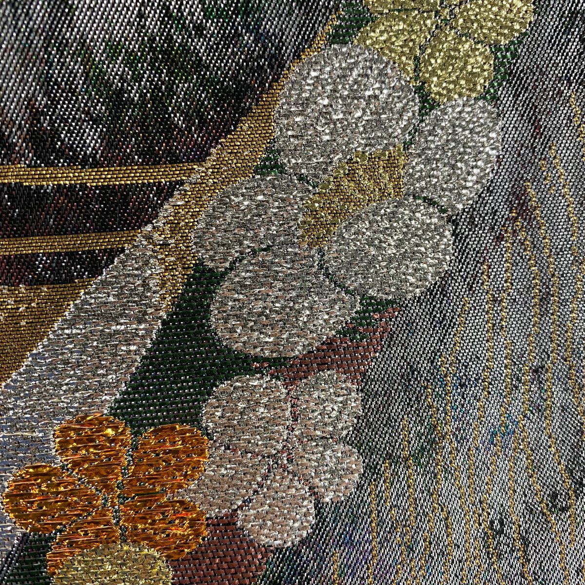 【美品】 袋帶 秀品級 花 流線 金銀絲 金金箔 銀 六通 純蠶絲