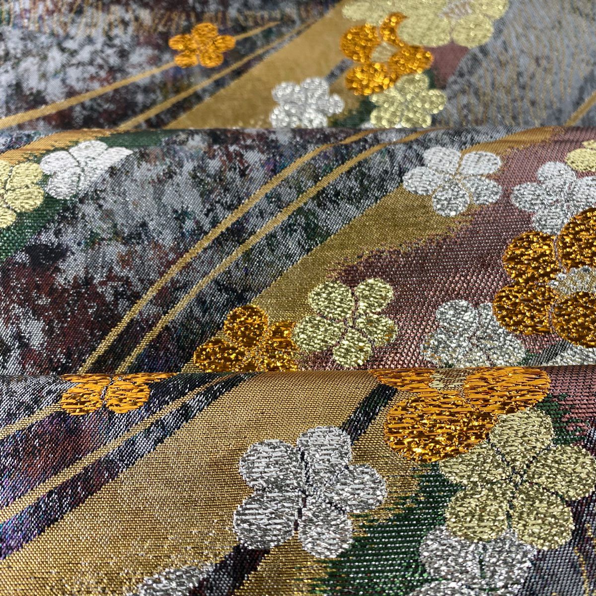 【美品】 袋帶 秀品級 花 流線 金銀絲 金金箔 銀 六通 純蠶絲
