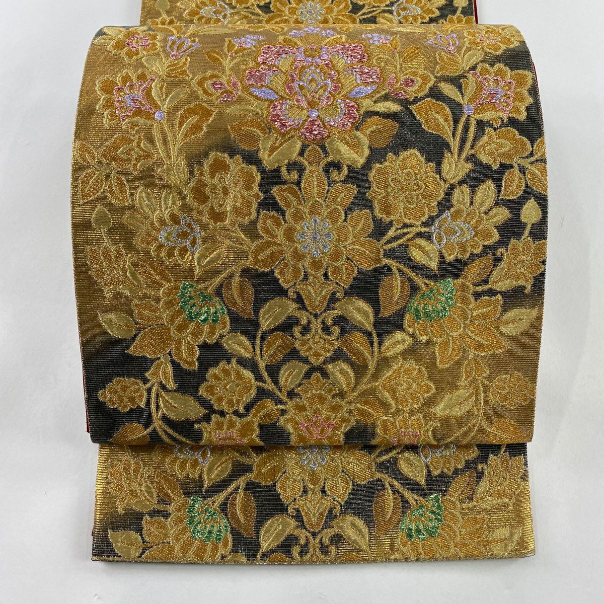 【美品】 袋帶 秀品級 花唐草紋 金絲 金金箔 金 六通 純蠶絲