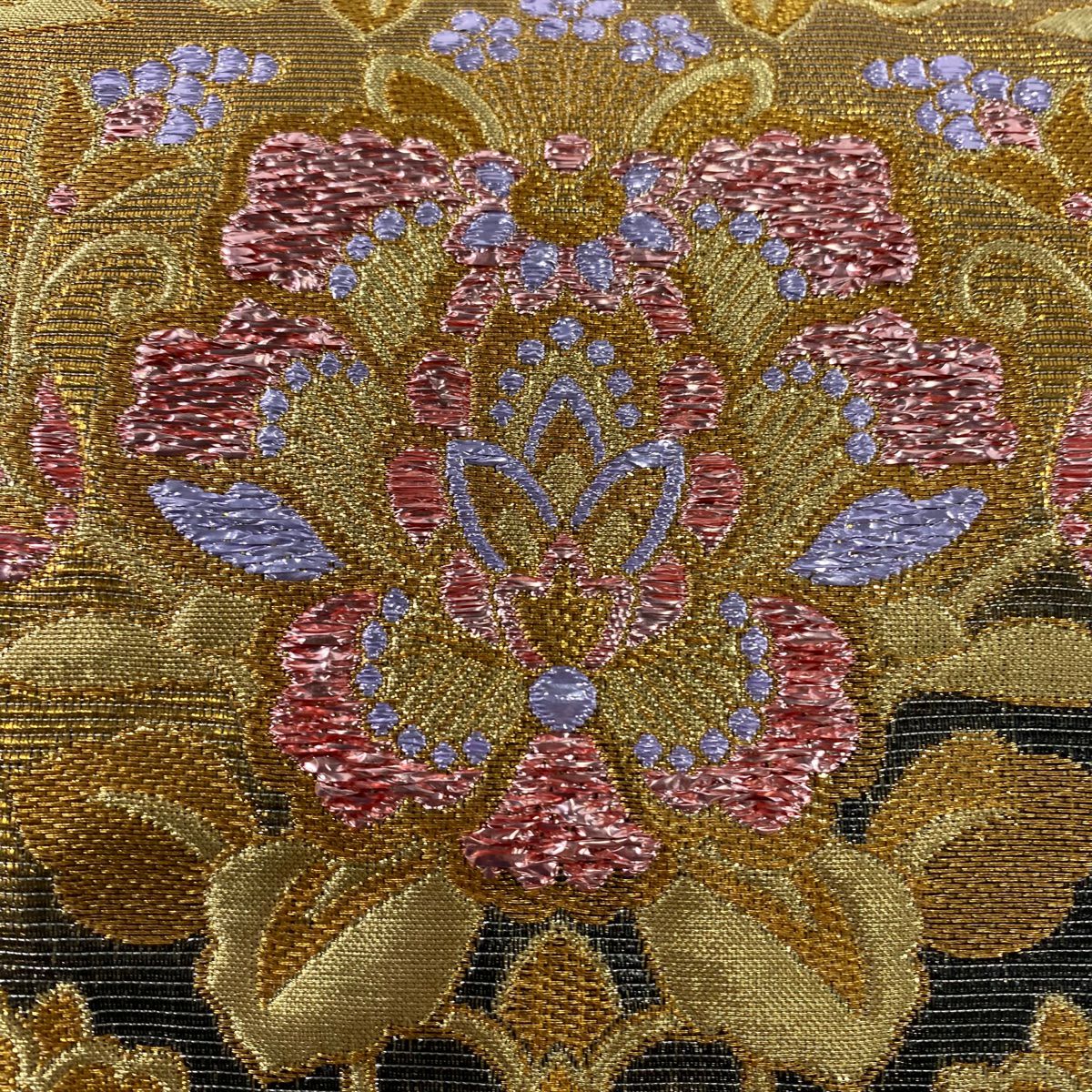 【美品】 袋帶 秀品級 花唐草紋 金絲 金金箔 金 六通 純蠶絲