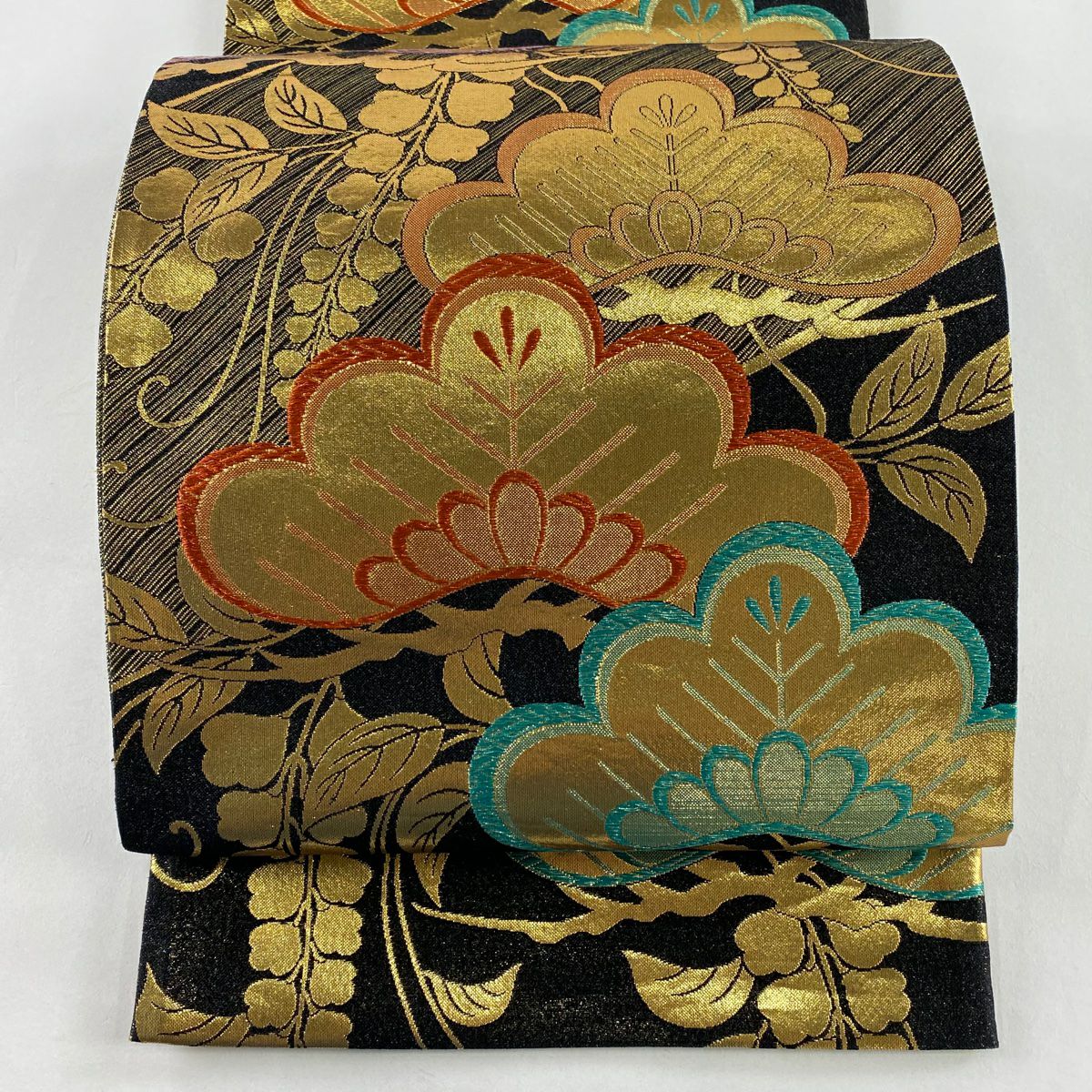 【美品】 袋帶 秀品級 笠松樹 藤 金金箔 黑 六通 純蠶絲