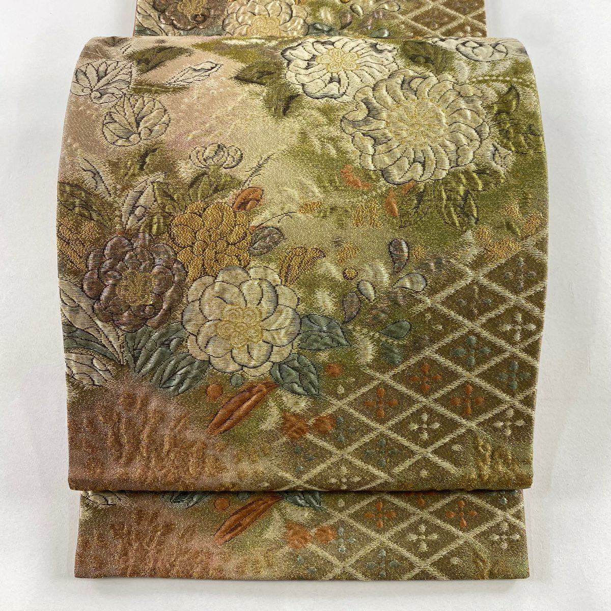 【美品】 袋帶 秀品級 草花紋紋 花菱 金糸 金金箔 茶綠 六通 純蠶絲