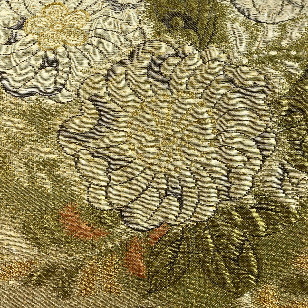 【美品】 袋帶 秀品級 草花紋紋 花菱 金糸 金金箔 茶綠 六通 純蠶絲