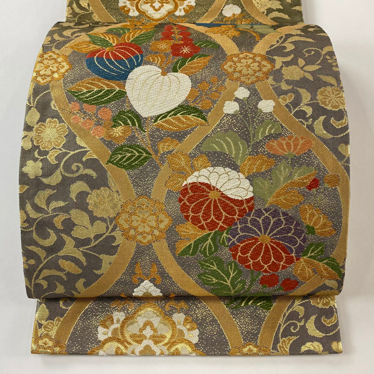 【美品】 袋帶 秀品級 立涌 草花紋 金絲 金金箔 金色 六通 純蠶絲