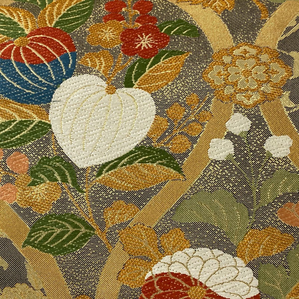 【美品】 袋帶 秀品級 立涌 草花紋 金絲 金金箔 金色 六通 純蠶絲