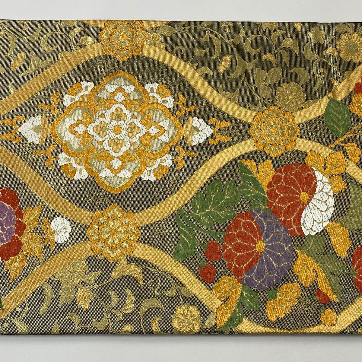 【美品】 袋帶 秀品級 立涌 草花紋 金絲 金金箔 金色 六通 純蠶絲