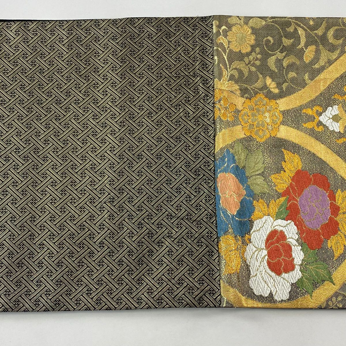 【美品】 袋帶 秀品級 立涌 草花紋 金絲 金金箔 金色 六通 純蠶絲