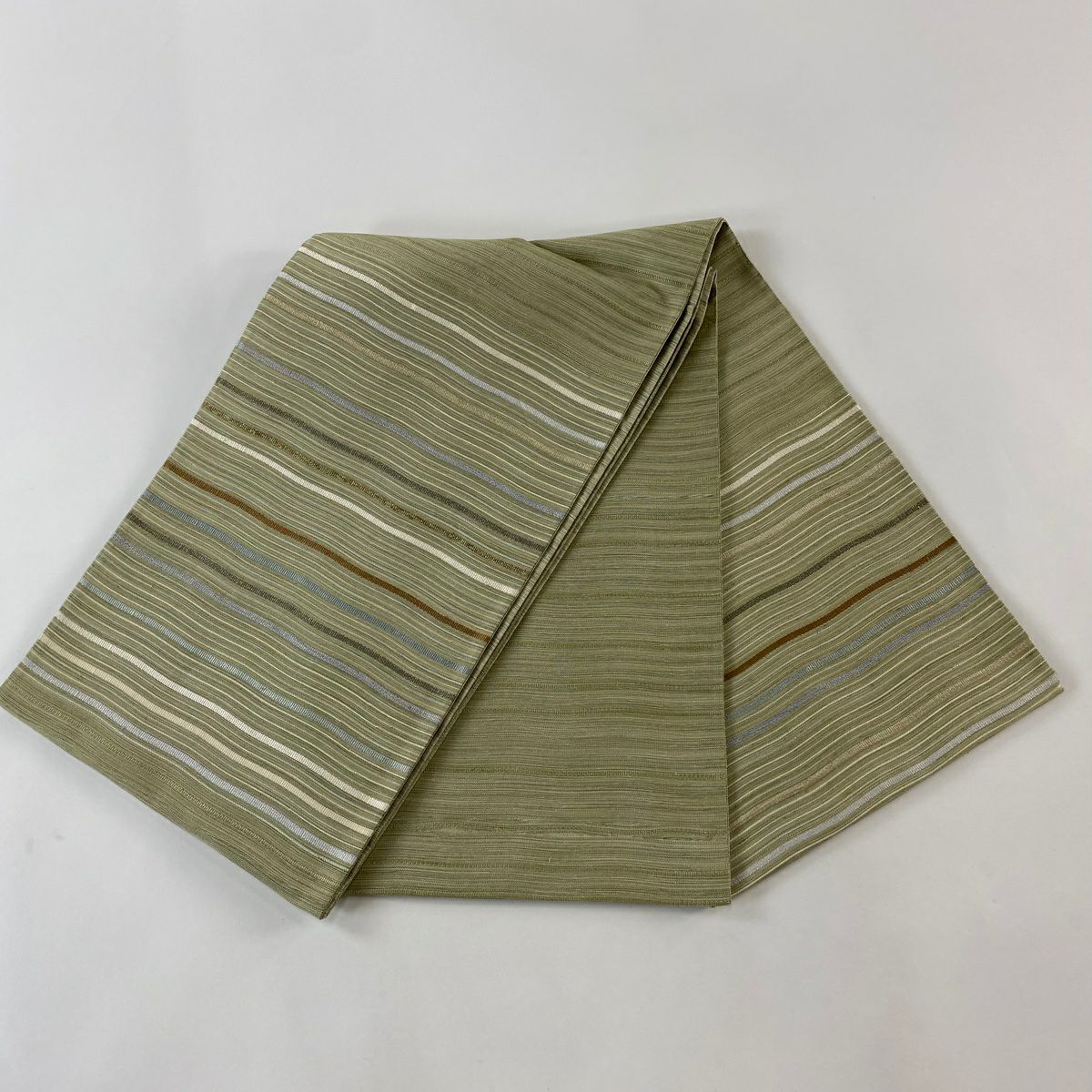 【美品】 袋帶 秀品級 縞 銀糸 抹茶 深綠色 お太鼓圖案 純蠶絲