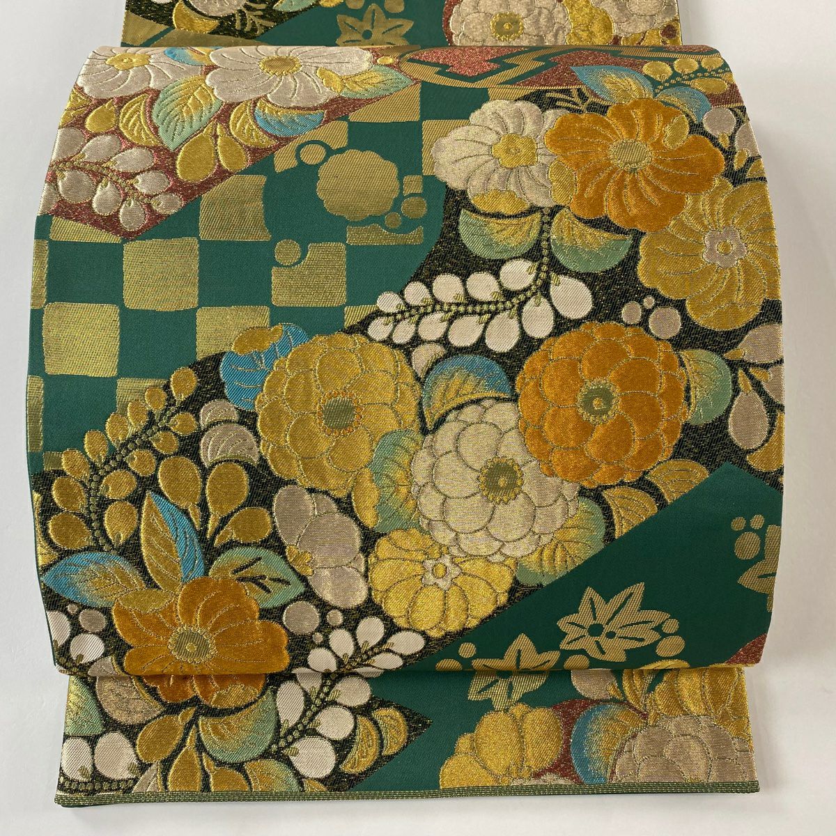 【美品】 袋帶 秀品級 草花紋紋 市松樹 金銀彩 金金箔 綠 六通 純蠶絲