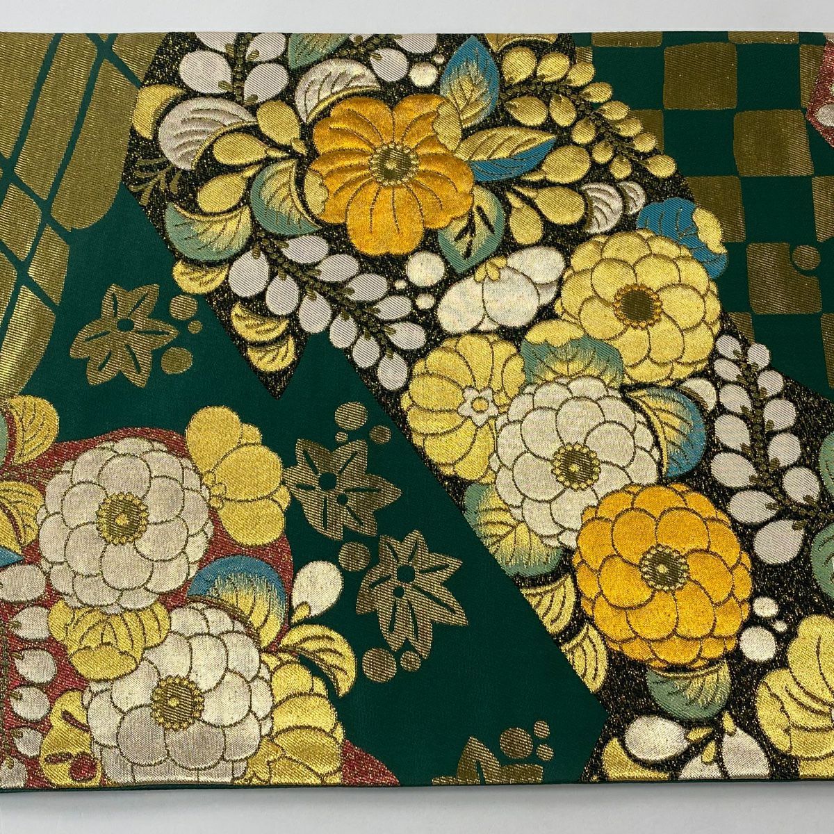 【美品】 袋帶 秀品級 草花紋紋 市松樹 金銀彩 金金箔 綠 六通 純蠶絲