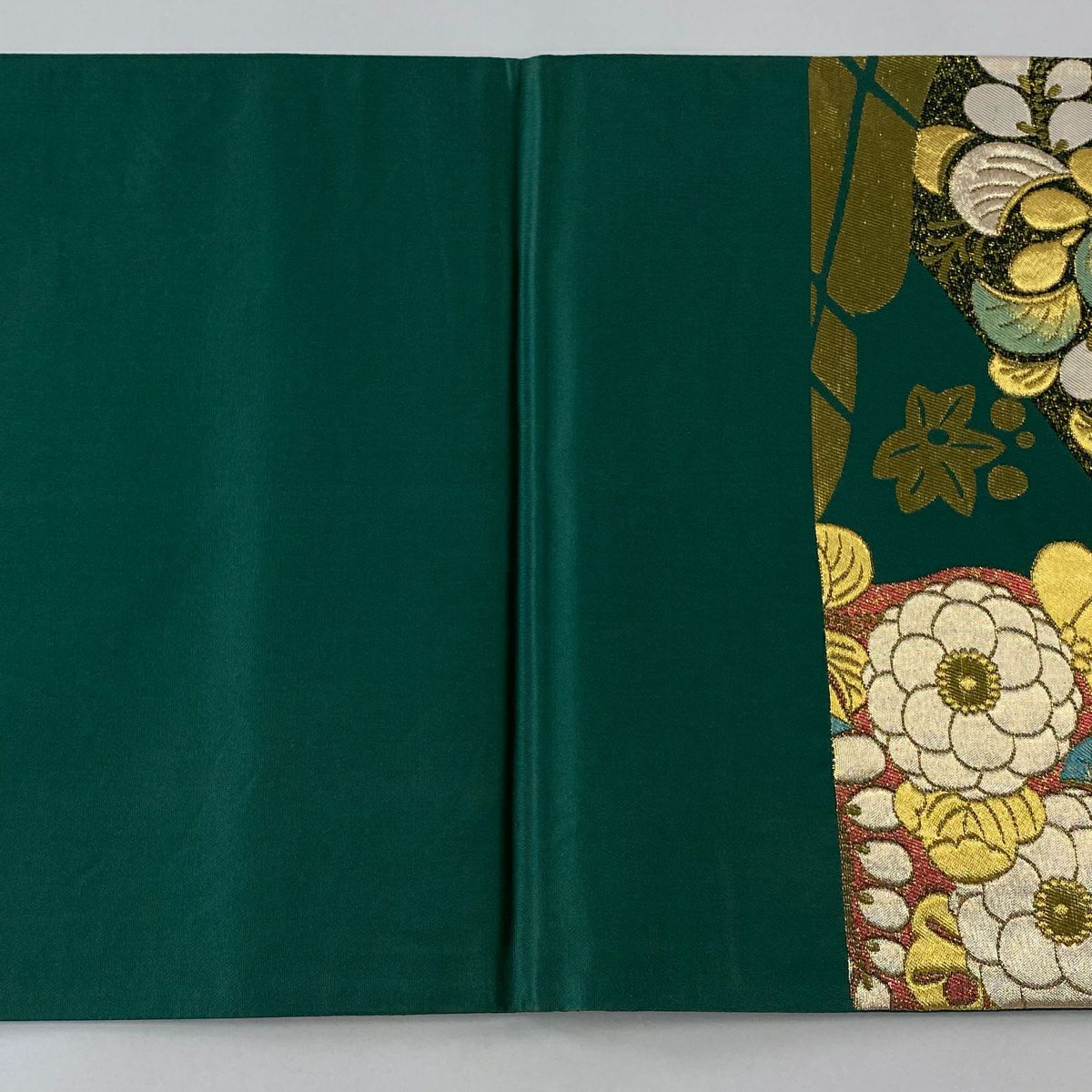 【美品】 袋帶 秀品級 草花紋紋 市松樹 金銀彩 金金箔 綠 六通 純蠶絲