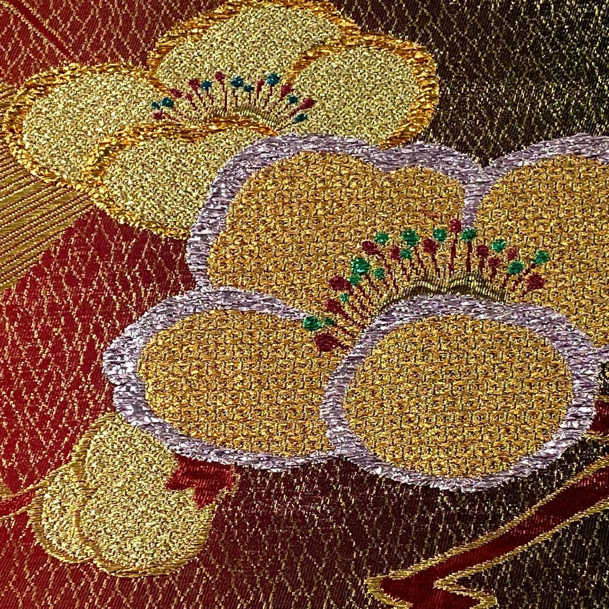 袋帶 秀品級 梅花 金金箔 金絲 紅 六通 純蠶絲