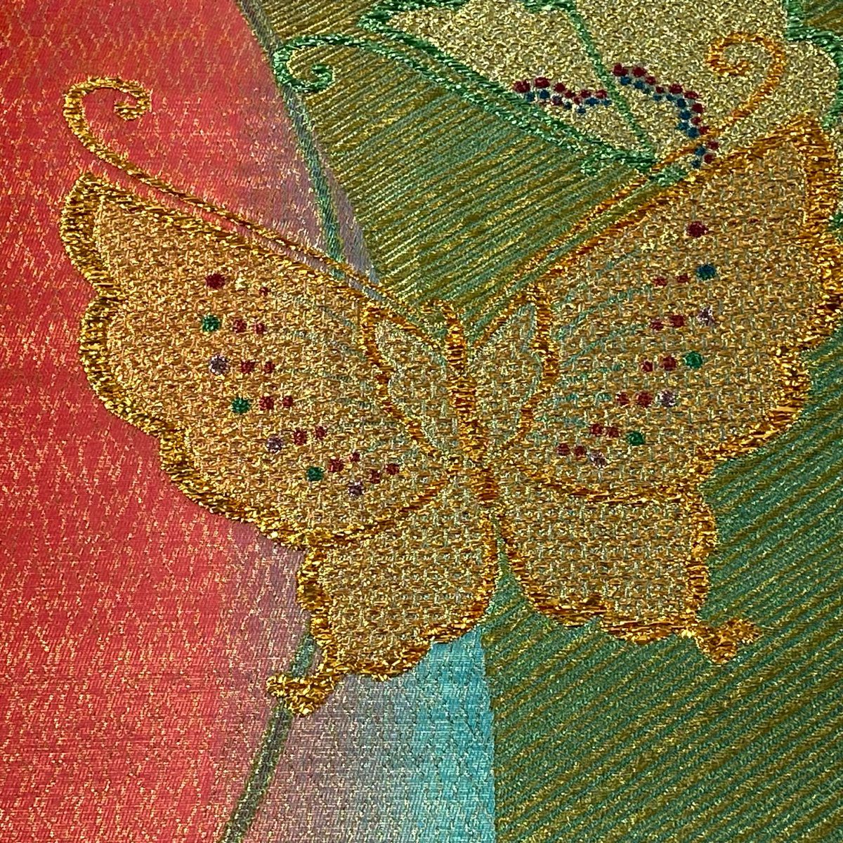袋帶 秀品級 振袖禮服禮服用 蝴蝶 斜條 金金箔 金絲 淺綠 六通 純蠶絲