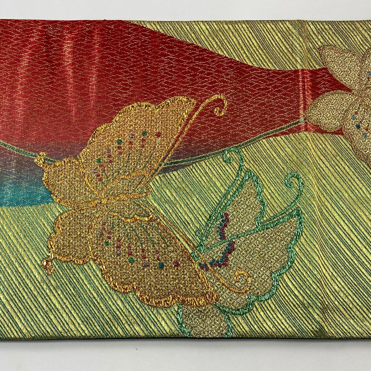 袋帶 秀品級 振袖禮服禮服用 蝴蝶 斜條 金金箔 金絲 淺綠 六通 純蠶絲
