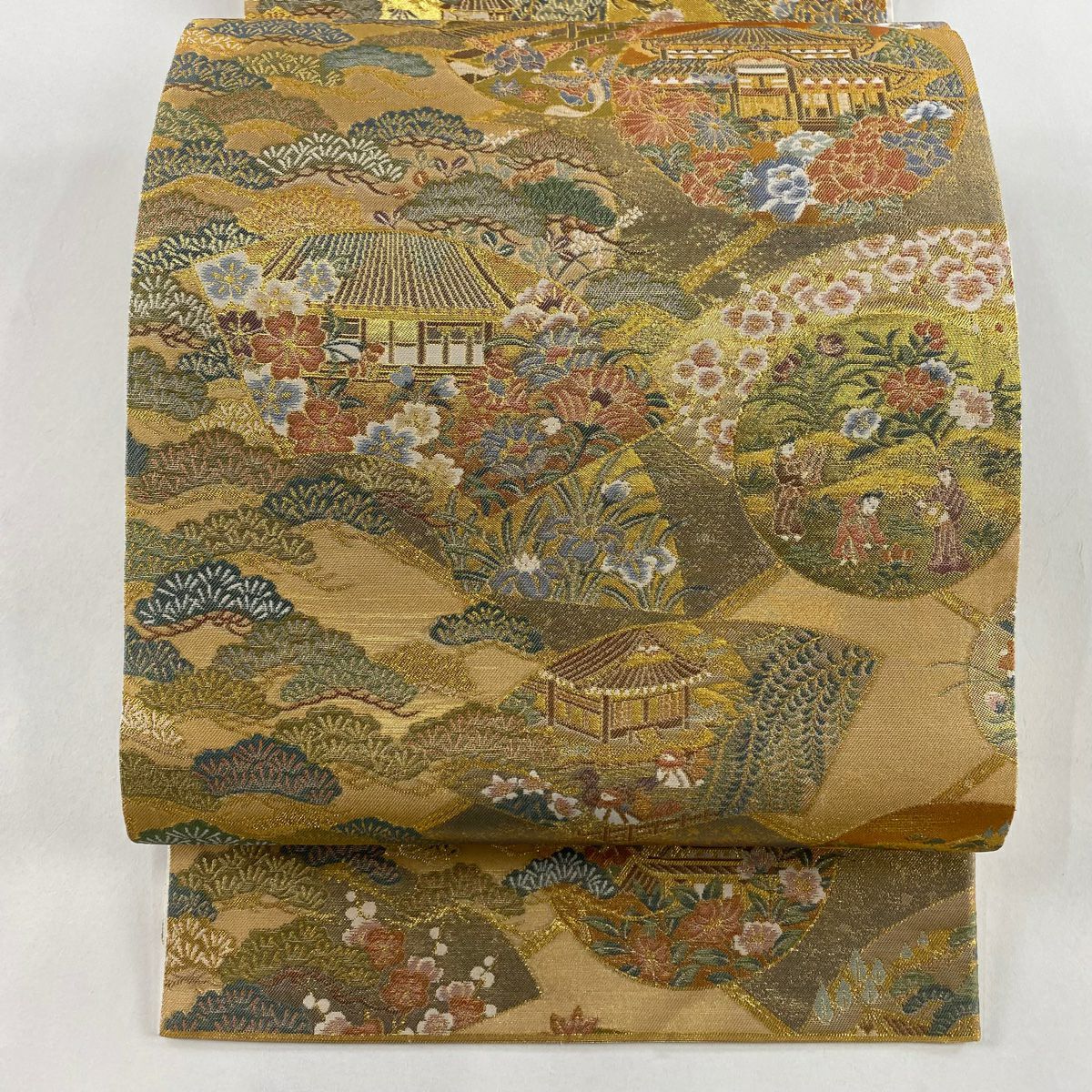 【美品】 袋帶 秀品級 千鐘錦 建物 草花紋 金絲 金金箔 金色 全通 純蠶絲