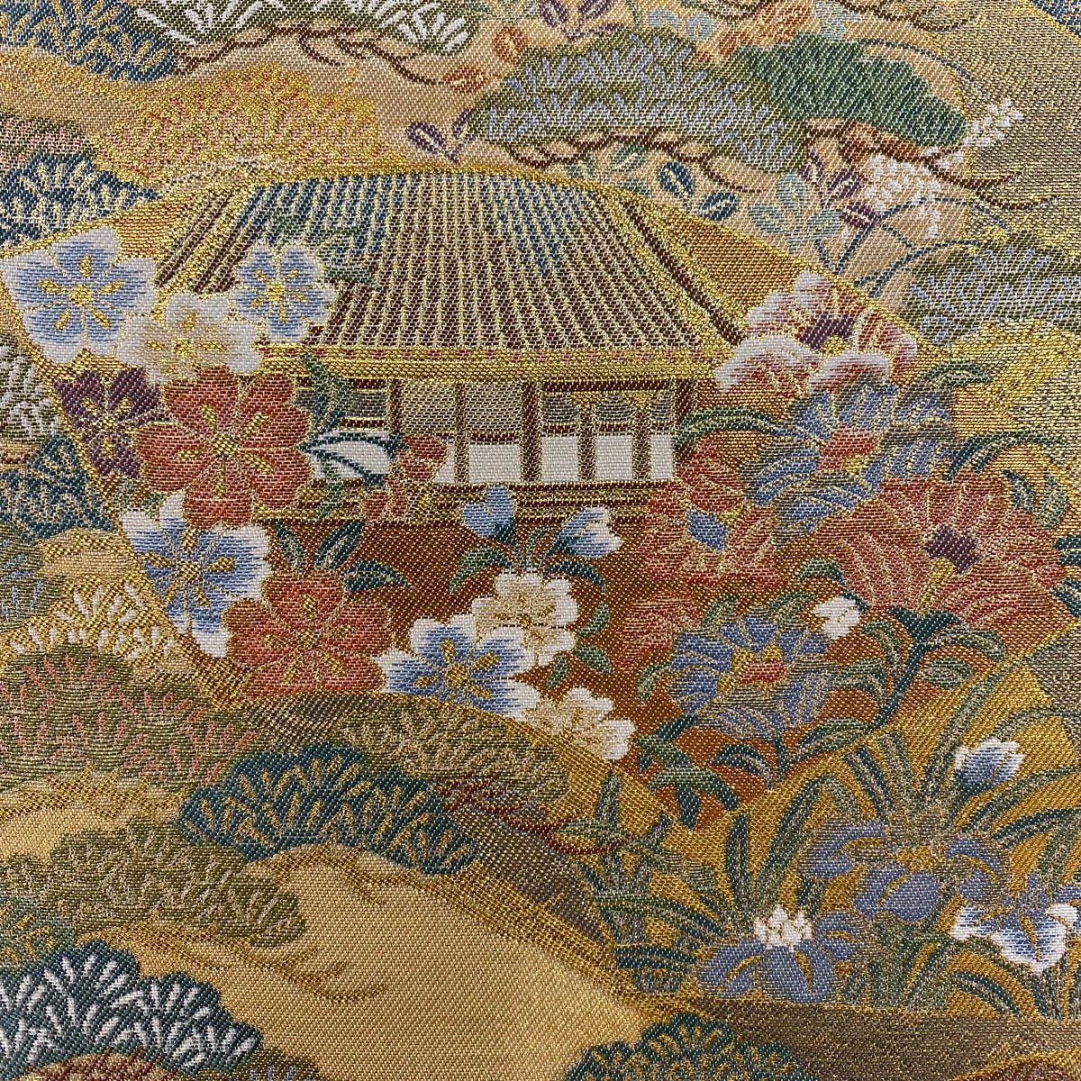 【美品】 袋帶 秀品級 千鐘錦 建物 草花紋 金絲 金金箔 金色 全通 純蠶絲