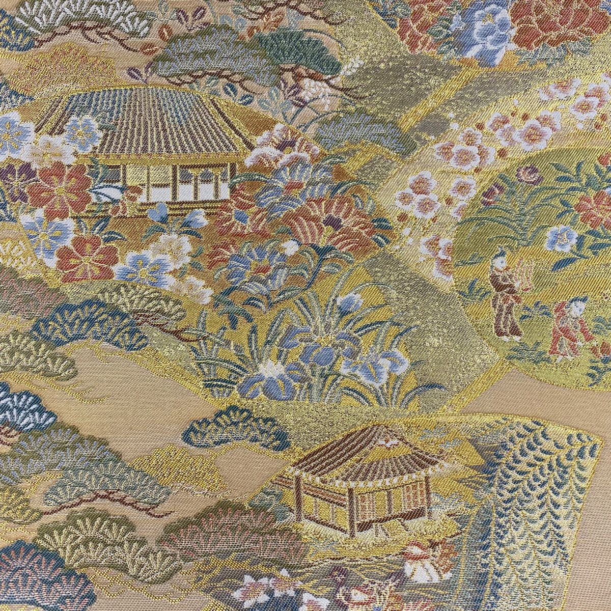 【美品】 袋帶 秀品級 千鐘錦 建物 草花紋 金絲 金金箔 金色 全通 純蠶絲