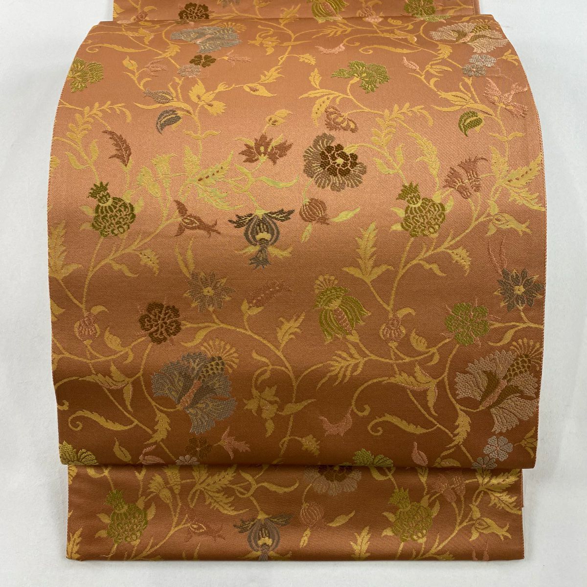 【美品】 袋帶 秀品級 西陣織 生命之樹 花唐草紋 金金箔 粉米色 六通 純蠶絲