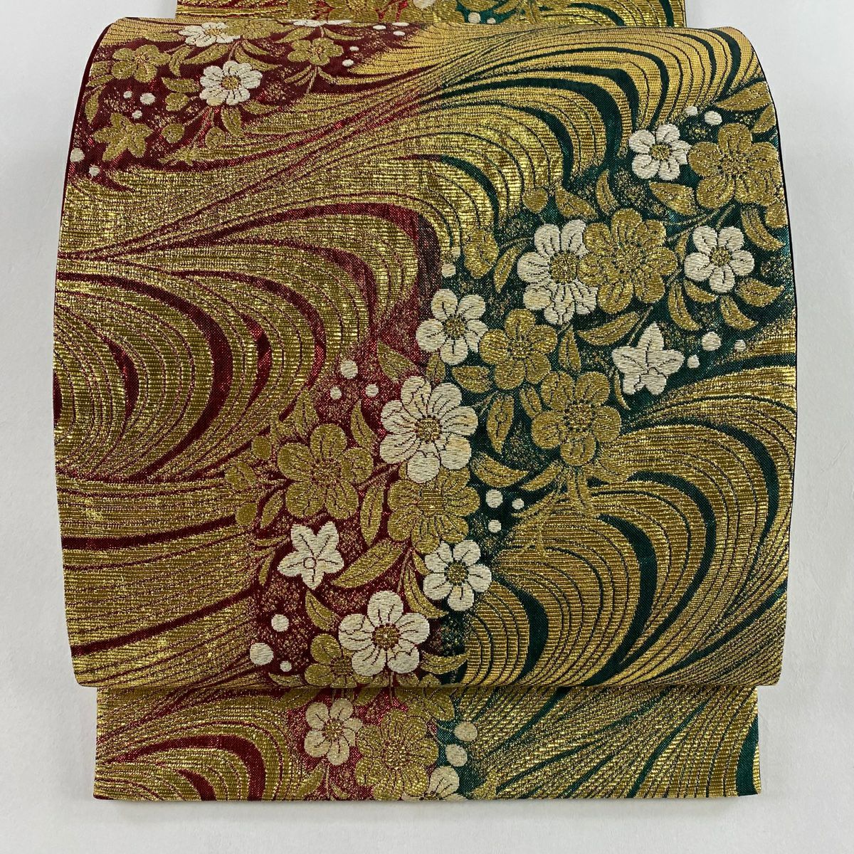 【美品】 袋帶 秀品級 樱花 流水 金金箔 紅 六通 純蠶絲