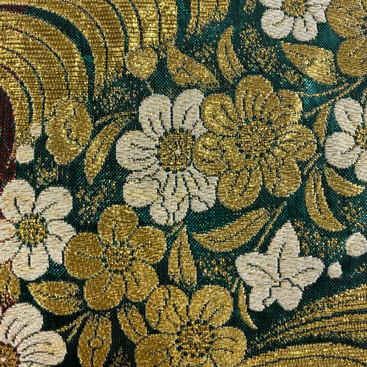 【美品】 袋帶 秀品級 樱花 流水 金金箔 紅 六通 純蠶絲