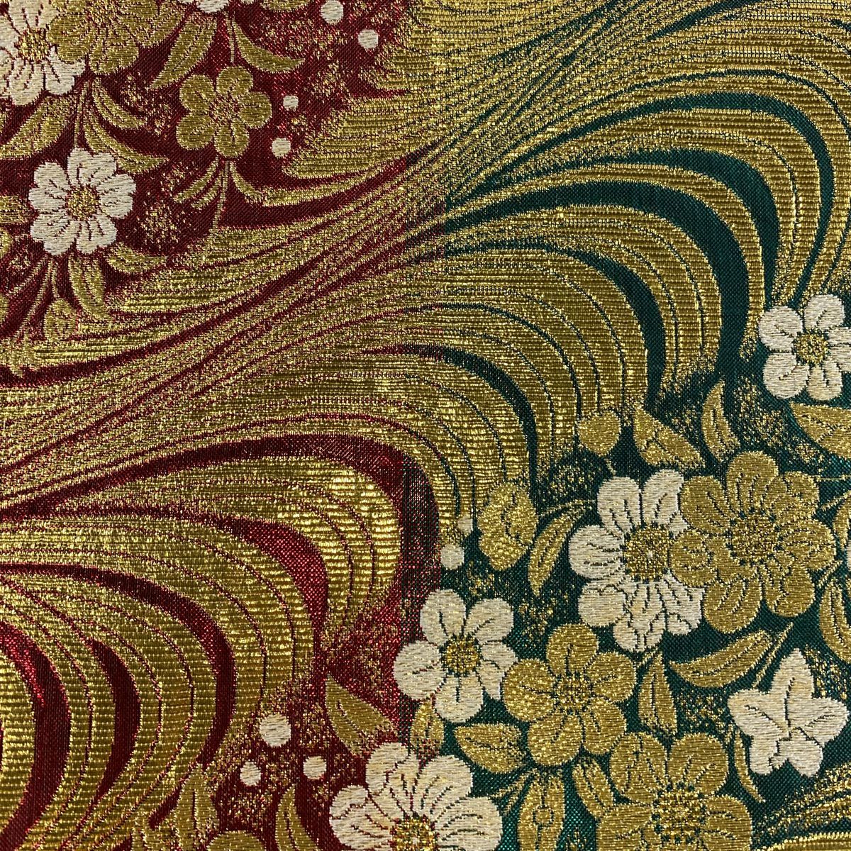 【美品】 袋帶 秀品級 樱花 流水 金金箔 紅 六通 純蠶絲