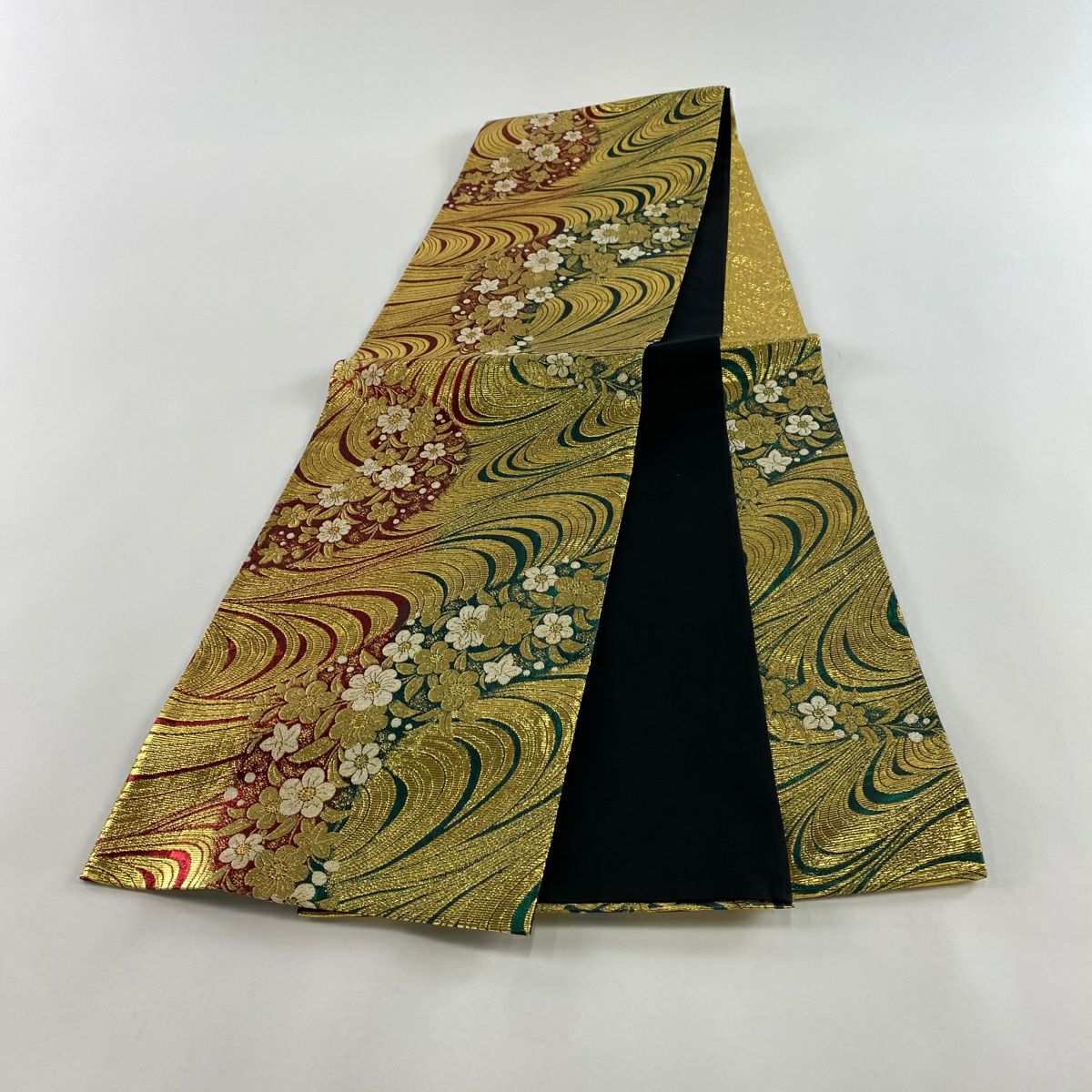 【美品】 袋帶 秀品級 樱花 流水 金金箔 紅 六通 純蠶絲