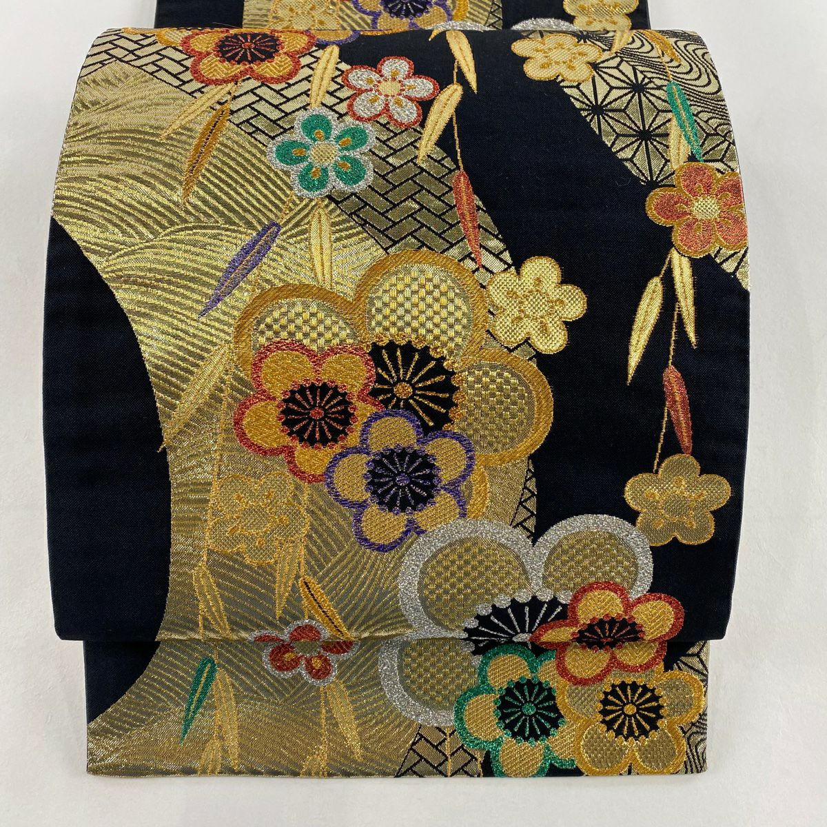 【美品】 袋帶 秀品級 梅花 麻葉 金金箔 金絲 黑 六通 純蠶絲