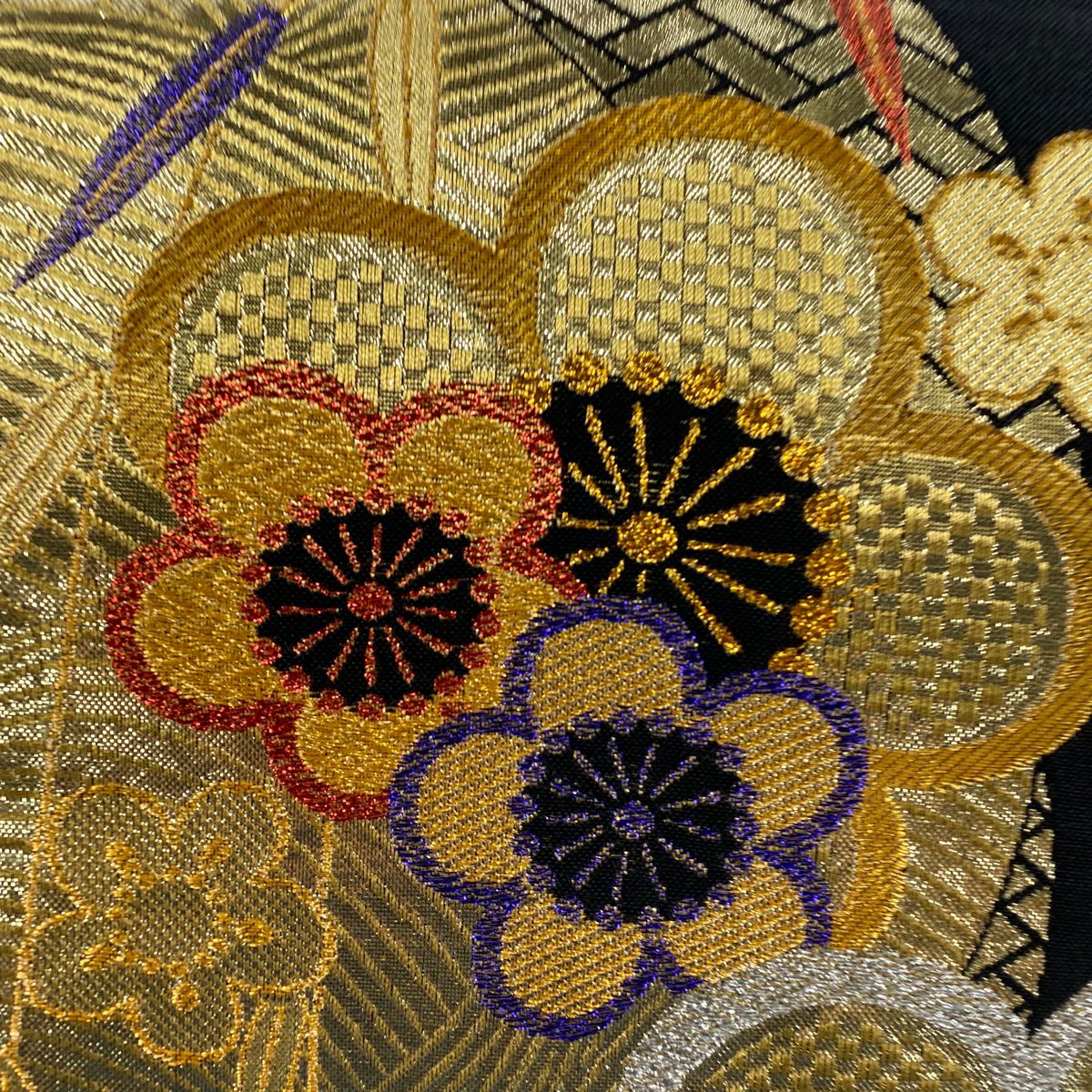 【美品】 袋帶 秀品級 梅花 麻葉 金金箔 金絲 黑 六通 純蠶絲