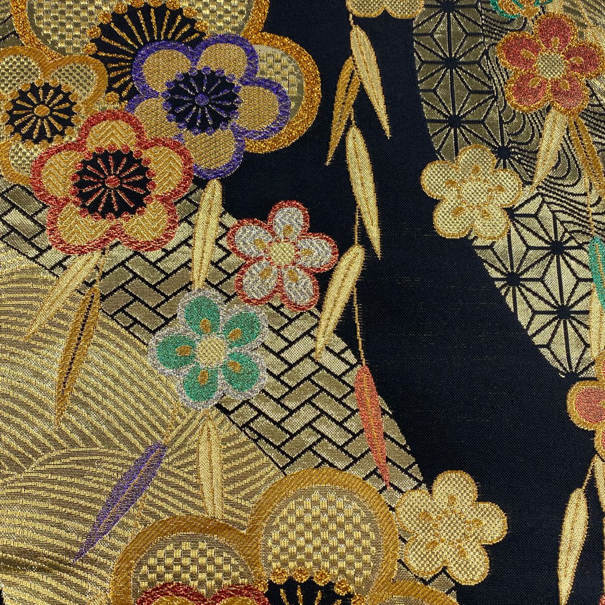 【美品】 袋帶 秀品級 梅花 麻葉 金金箔 金絲 黑 六通 純蠶絲