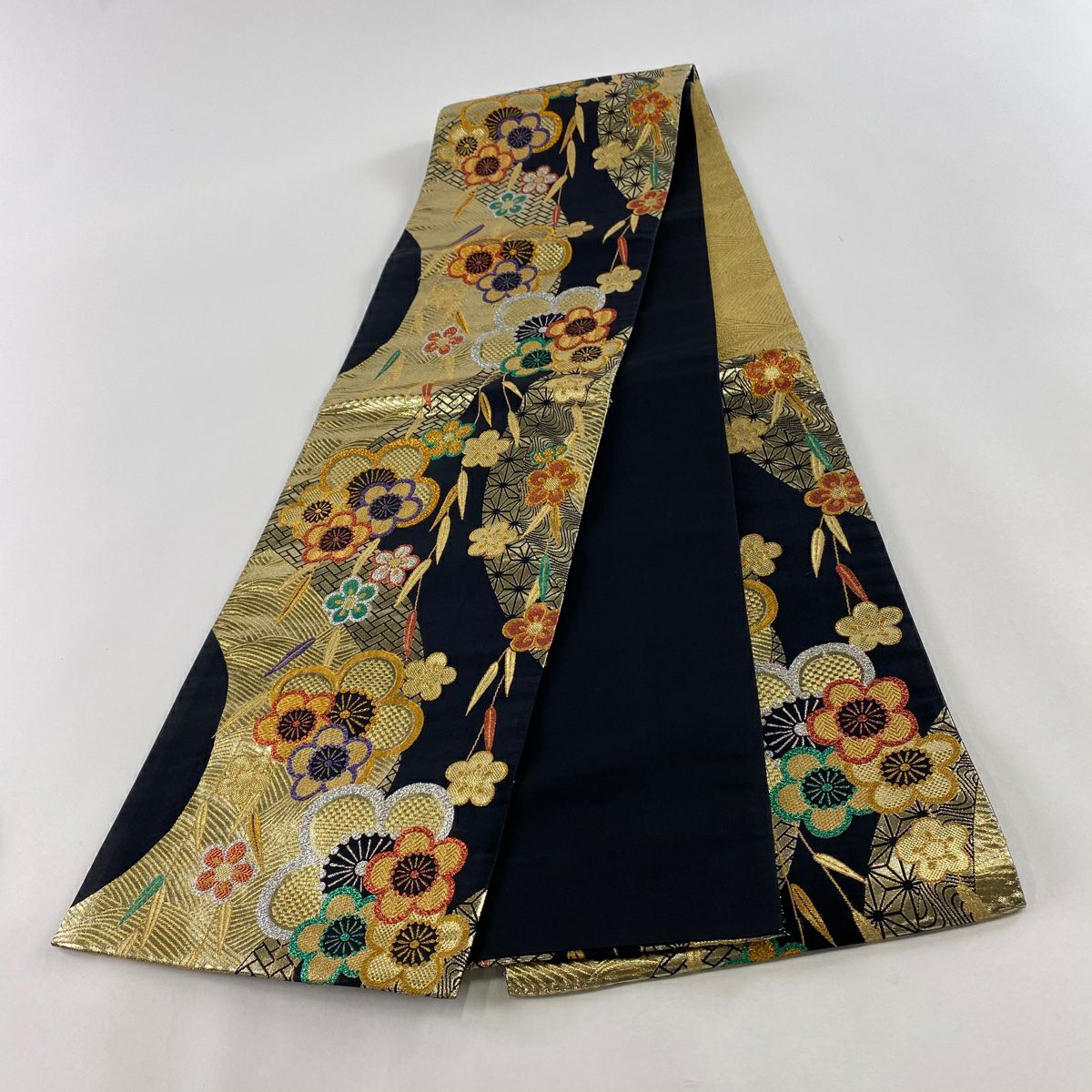 【美品】 袋帶 秀品級 梅花 麻葉 金金箔 金絲 黑 六通 純蠶絲