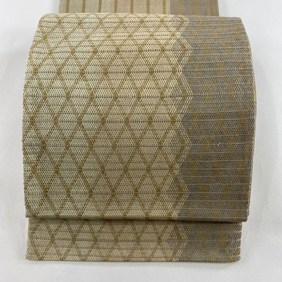 【美品】 袋帶 秀品級 幾何學 金絲 淺茶 六通 純蠶絲