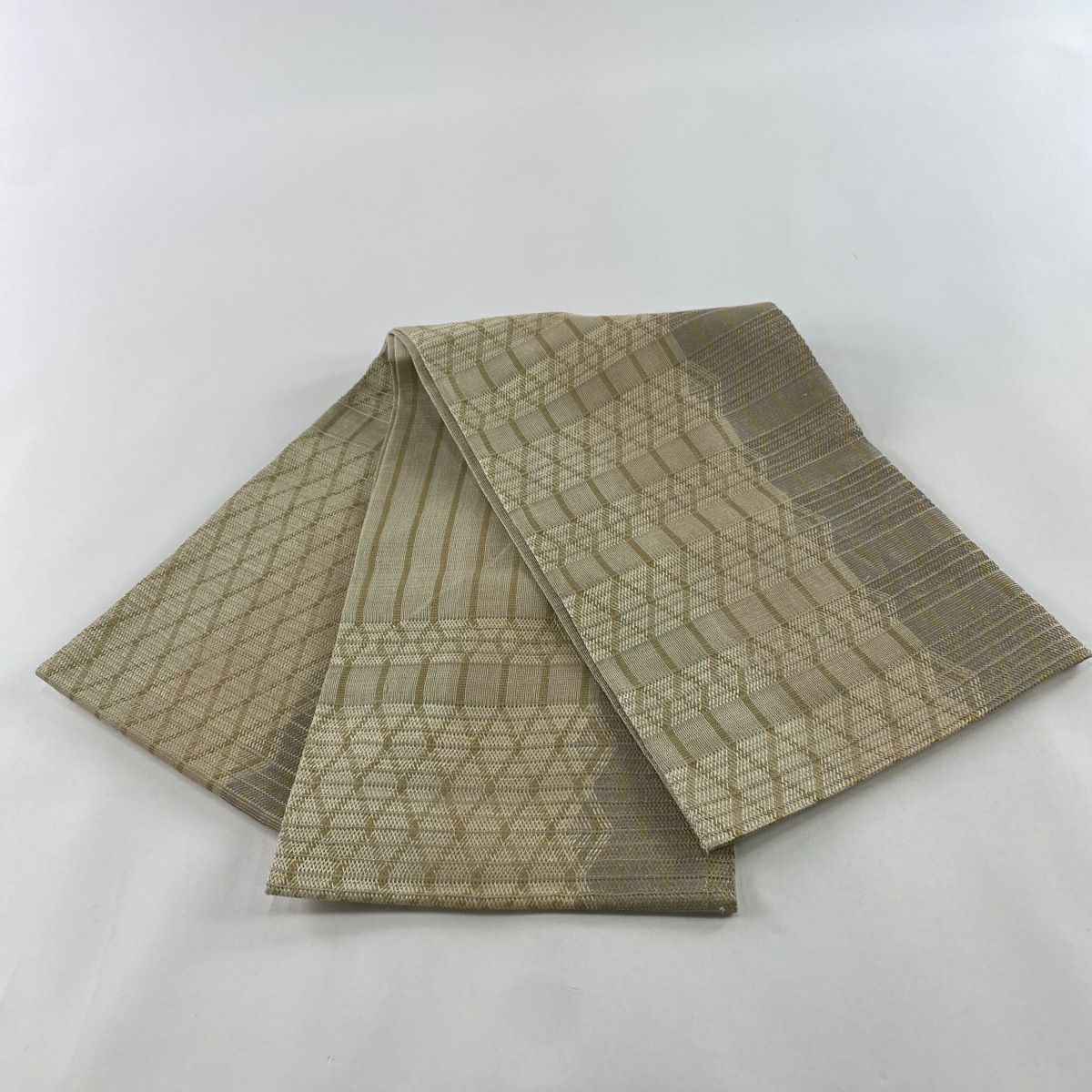 【美品】 袋帶 秀品級 幾何學 金絲 淺茶 六通 純蠶絲