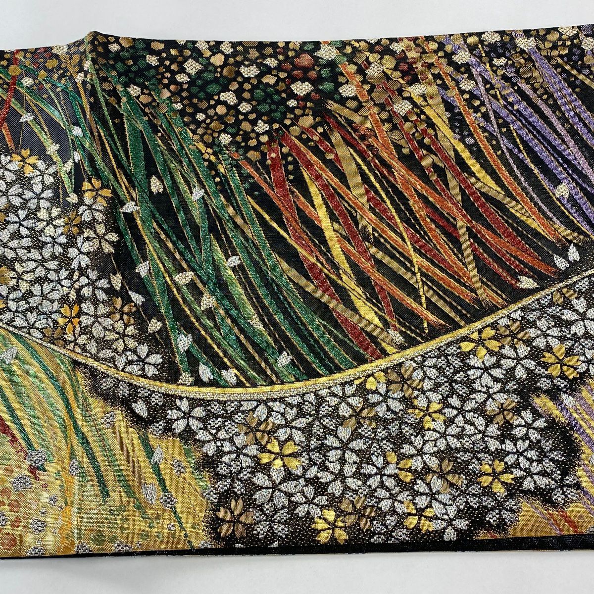 【美品】 袋帶 秀品級 櫻花花瓣 金銀線 金金箔 黑 六通 純蠶絲