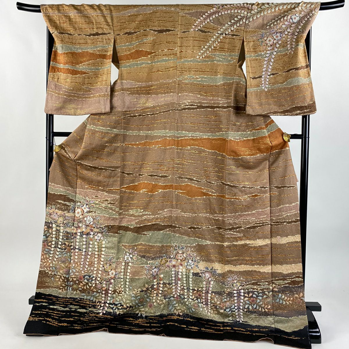 【美品】訪問服 身長178.5cm 袖長69cm L 雙層 翠山工房 落款あり 辻花染 霞 金銀彩 橙色 純蠶絲 逸品級