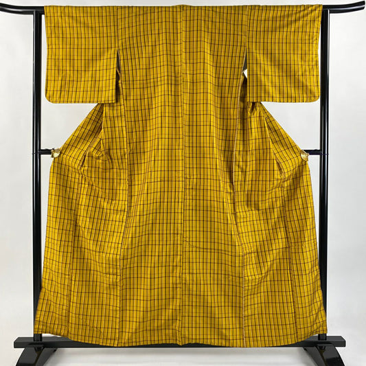 【美品】 紬織 身長158cm 袖長62cm S 雙層 格子 山吹 純蠶絲 逸品級